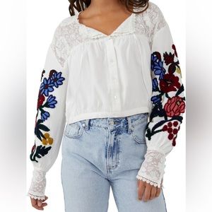 Free People Meadows Embroidered Crop Blouse MEDIUM NWT